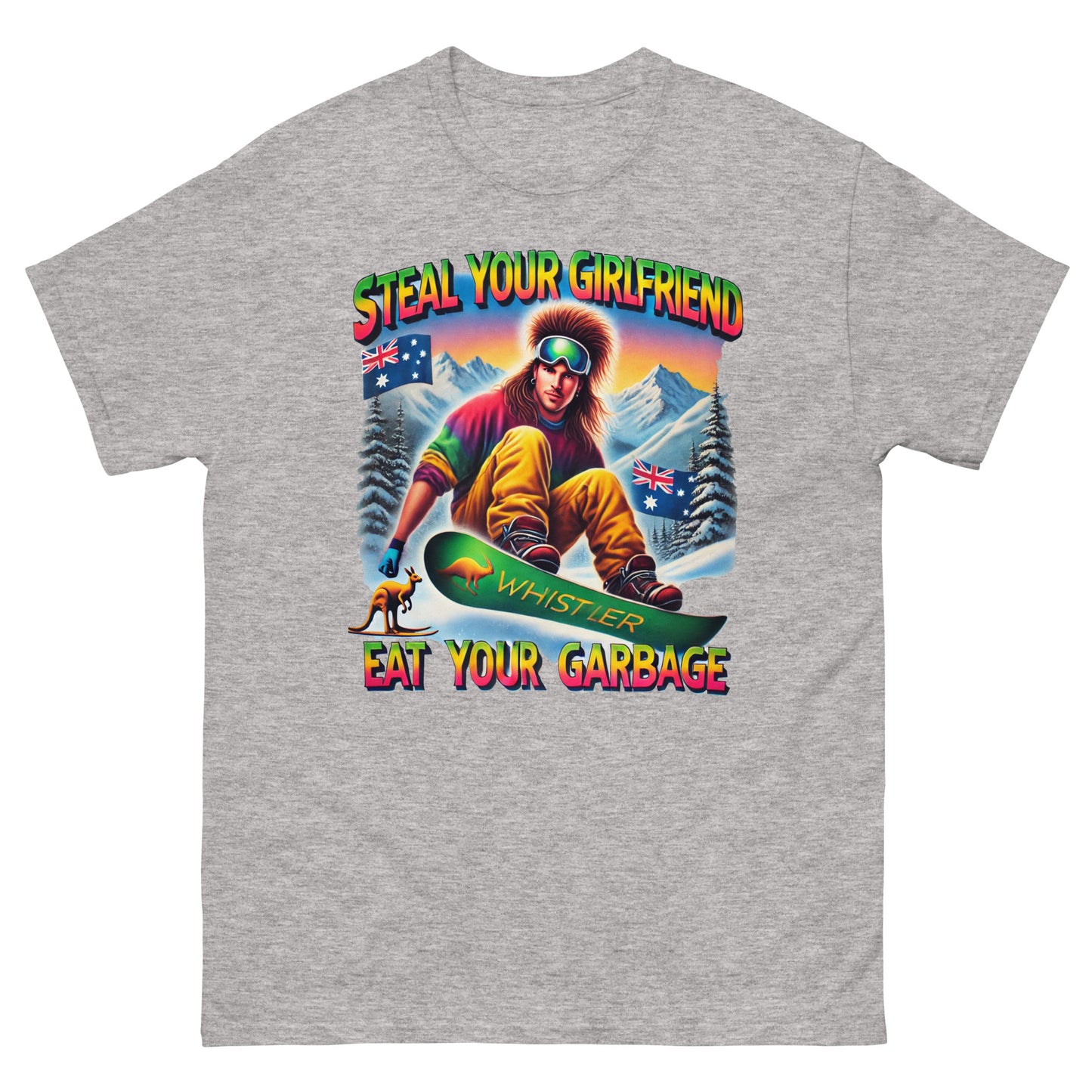 Steal Your Girlfriend Eat your garbage with australian guy with mullet snowboarding with kangaroo design printed on T-shirt by whistler Shirts