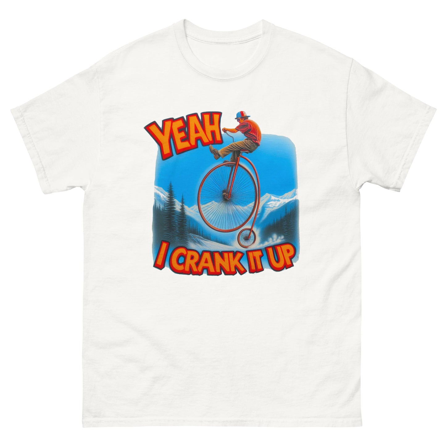 Yeah I crank it up design with man on a penny farthing printed on a t-shirt by Whistler shirts
