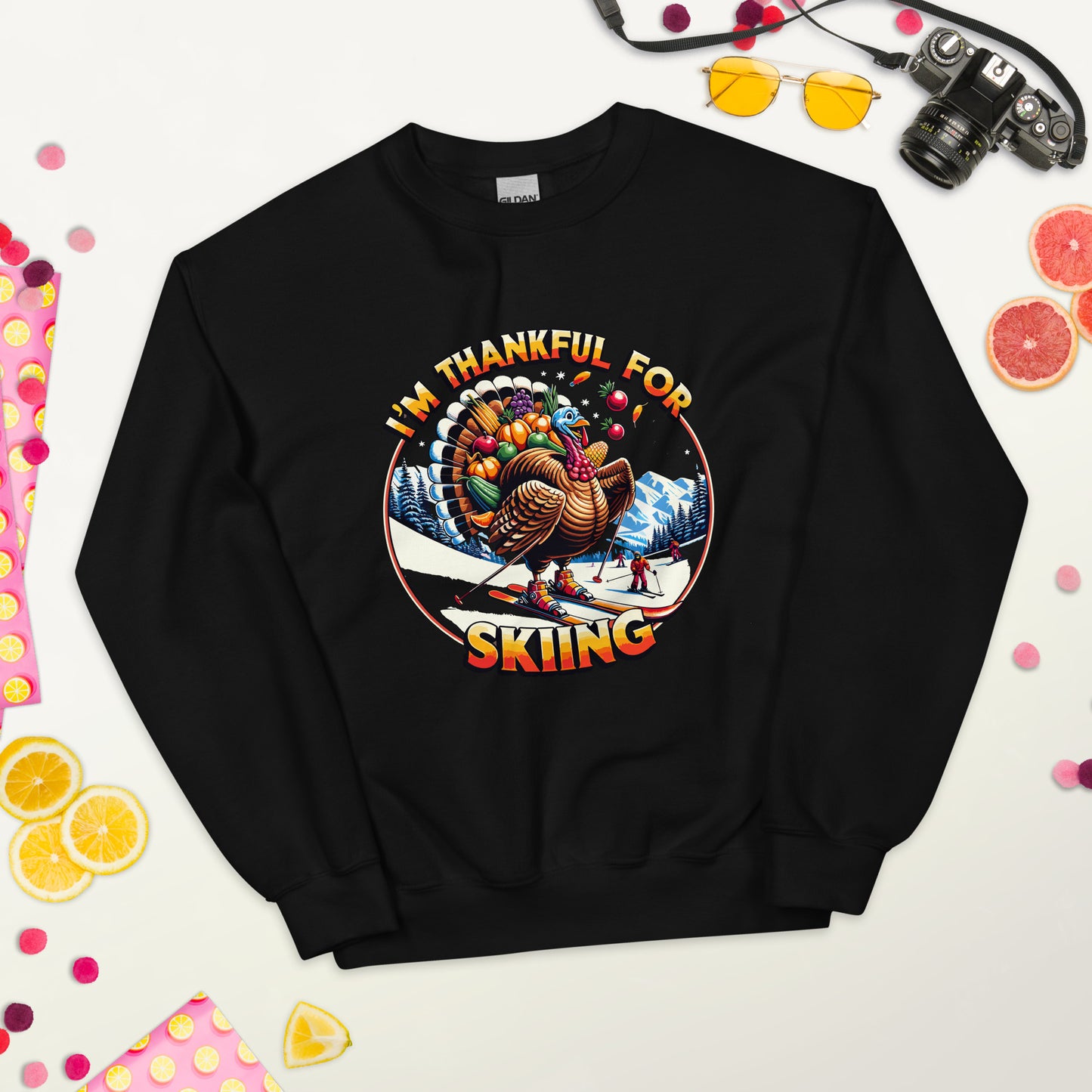 Thanksgiving turkey skiing saying i'm thankful for skiing printed crewneck by Whistler Shirts