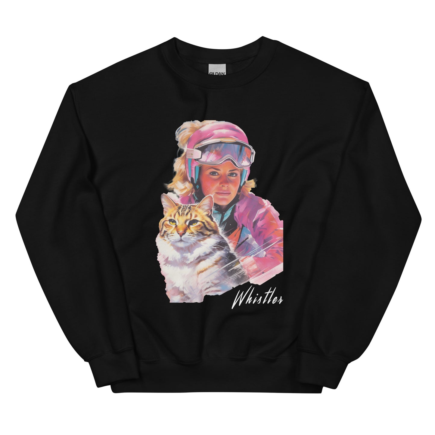 Whistler lady and her cat skiing screen printed crewneck