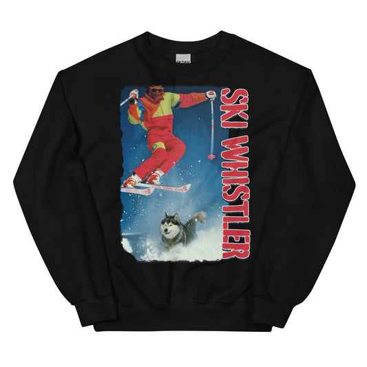 Ski Whistler skiier jumping over a dog printed crewneck