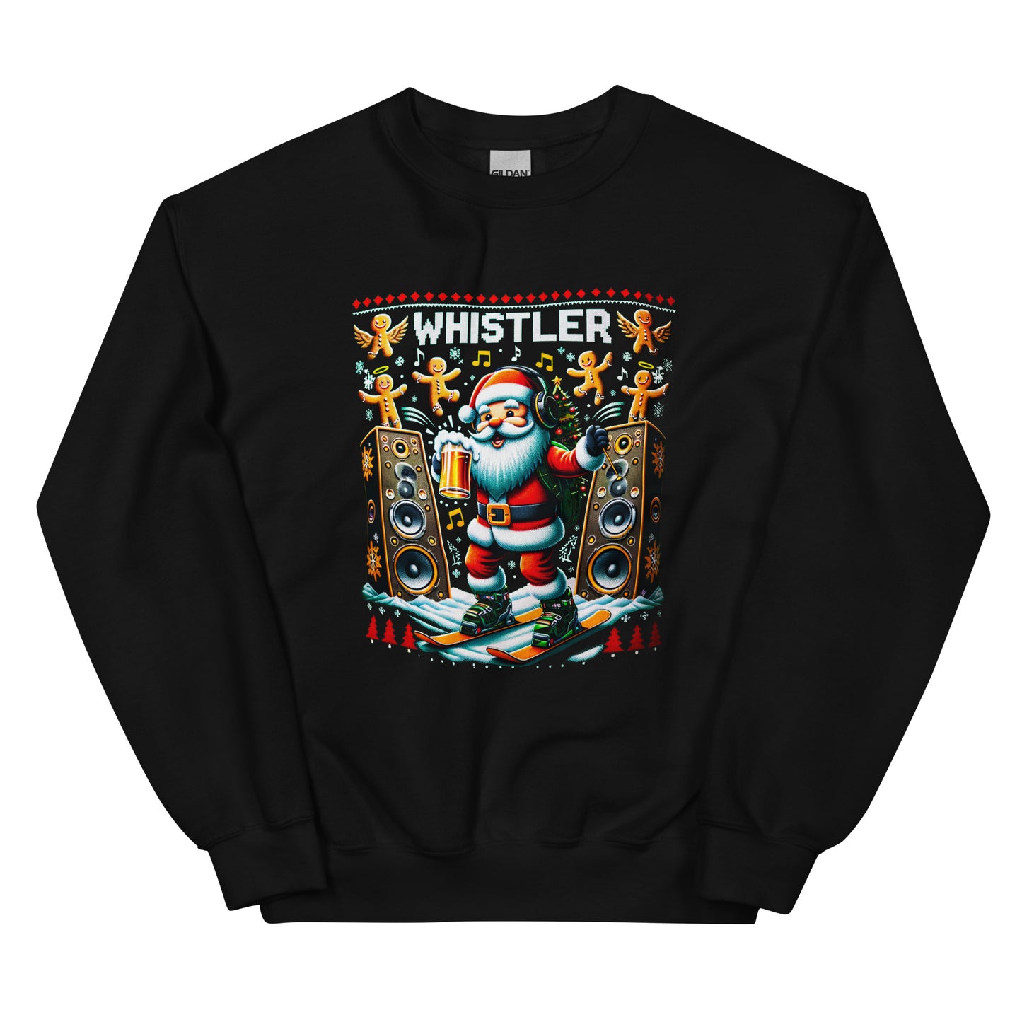 Raving Santa Skiing drinking beer with giant spekakers and ginger bread men in Whistler, ugly christmas sweater printed by Whistler Shirts