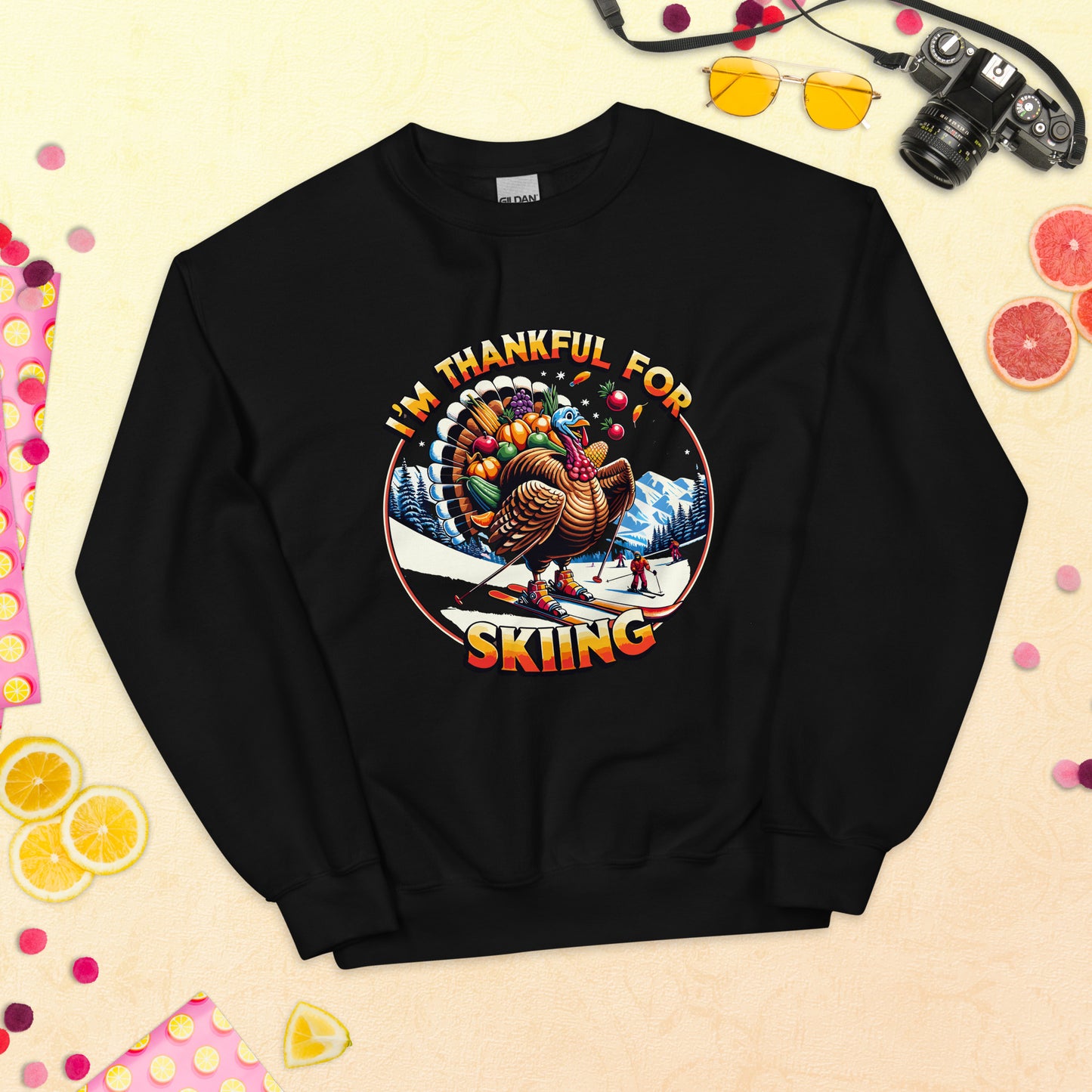 Thanksgiving turkey skiing saying i'm thankful for skiing printed crewneck by Whistler Shirts