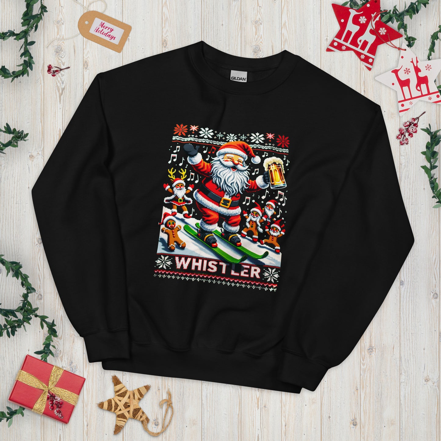 Stoked Santa skiing in Whistler Ugly Christmas Sweater