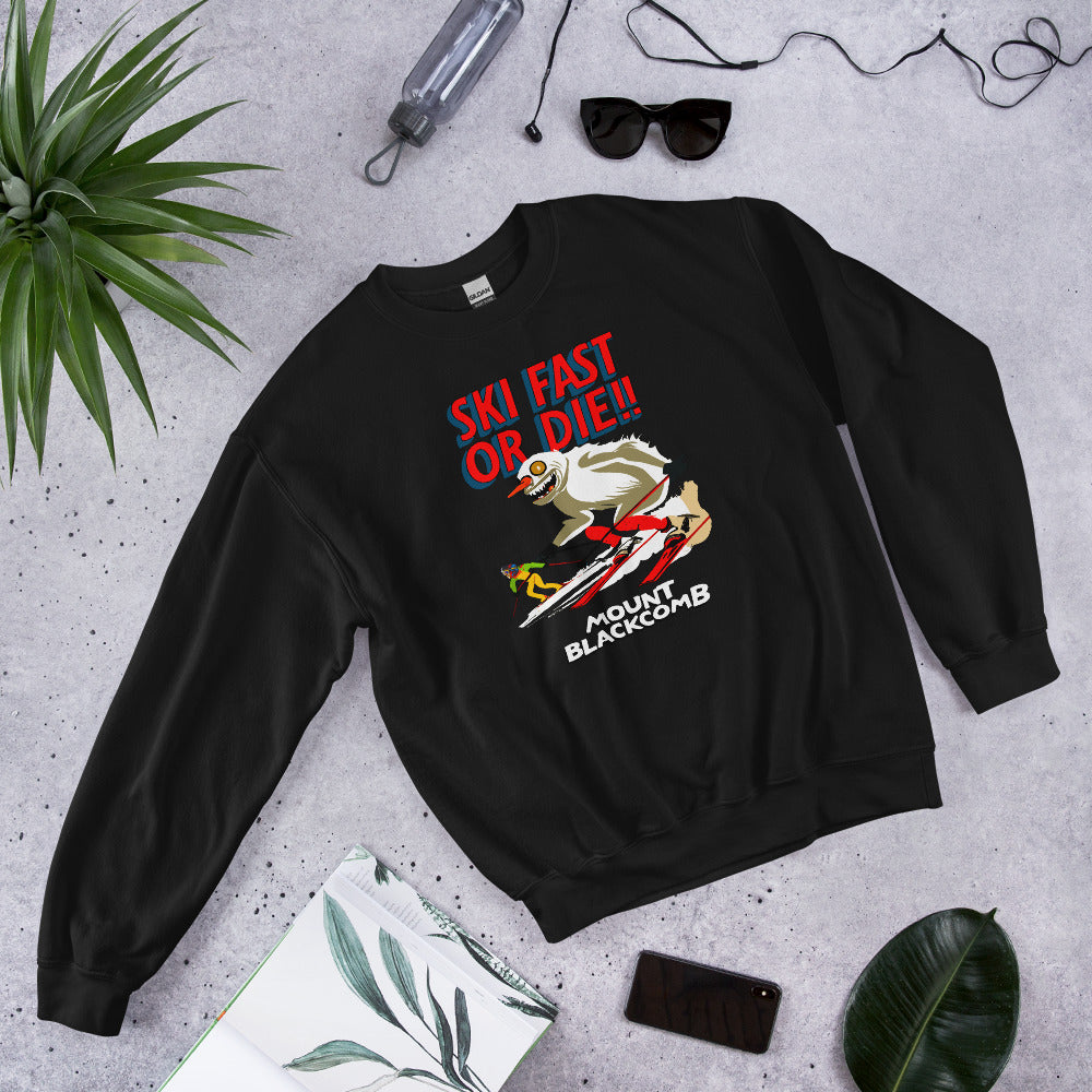 Ski fast or die yeti skiing mount blackcomb crewneck sweatshirt printed by Whistler Shirts