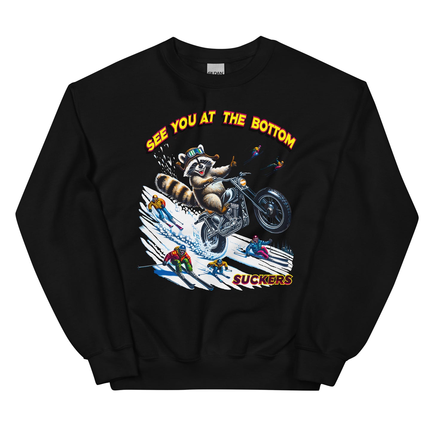 See you at the bottom suckers, racoon biking down the mountain printed crewneck sweatshirt by Whistler Shirts