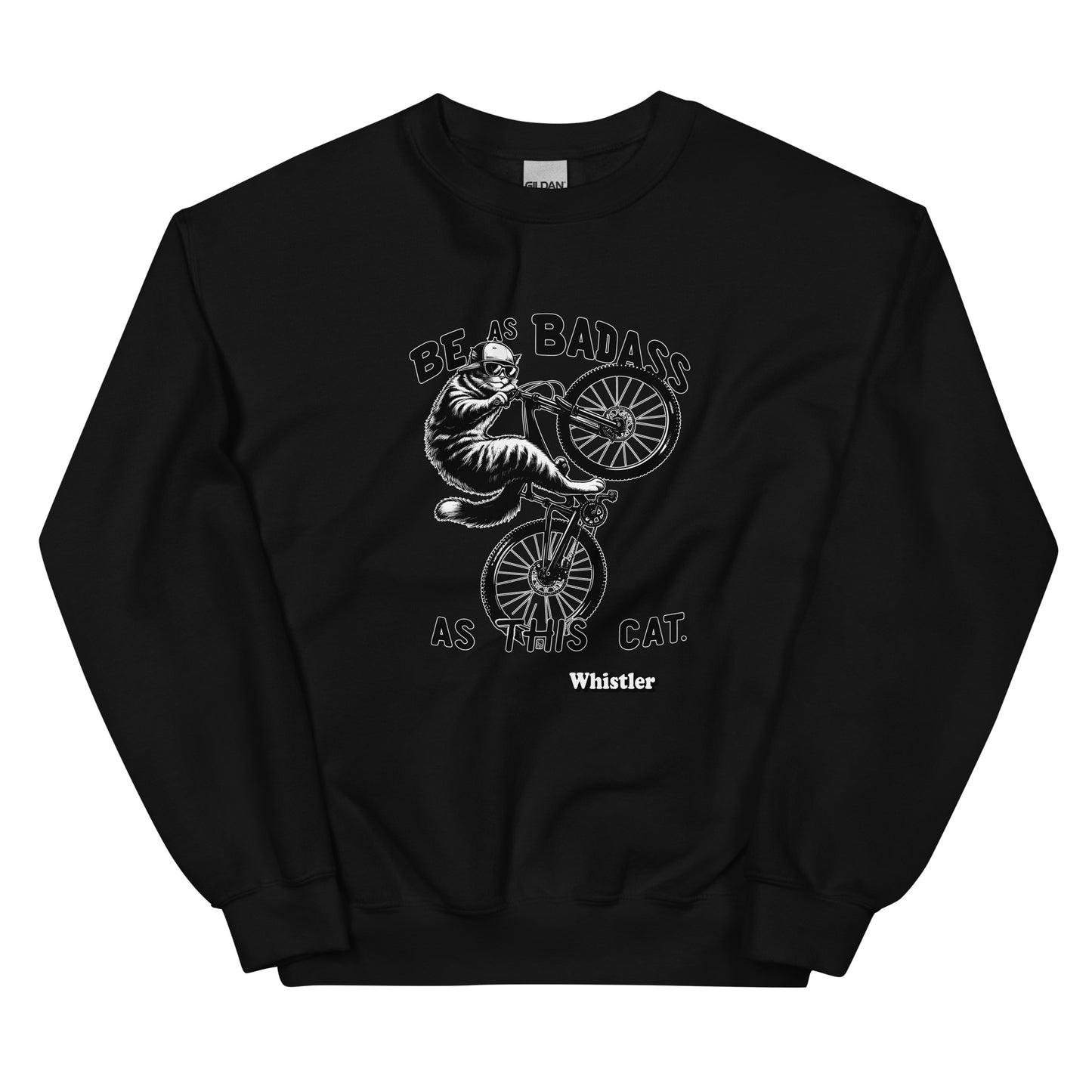 Be As badass as this cat whistler design with a cat with a backwards hat riding a bike, printed on crewnck sweatshirt by Whistler Shirts