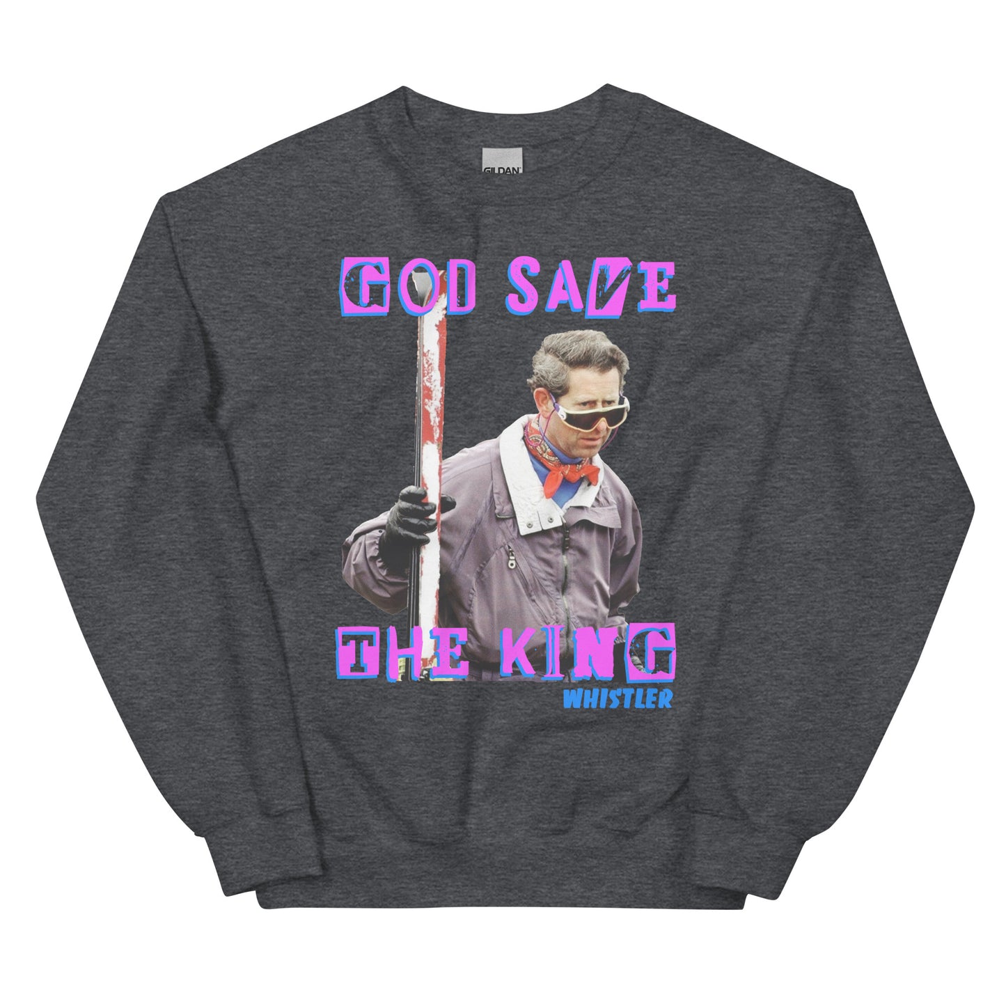God save the king skiing whistler screen printed crewneck sweatshirt