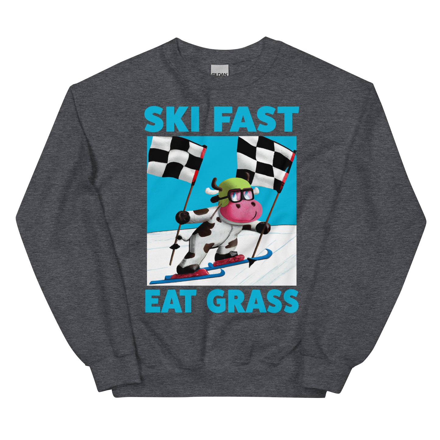 Ski fast eat grass cow skiing screen printed crewneck sweatshirt