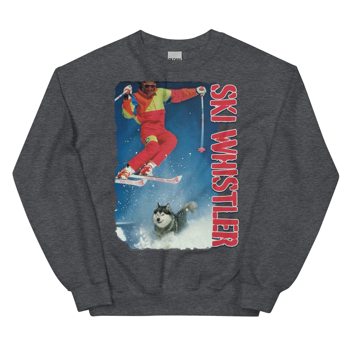 Ski Whistler skiier jumping over a dog printed crewneck