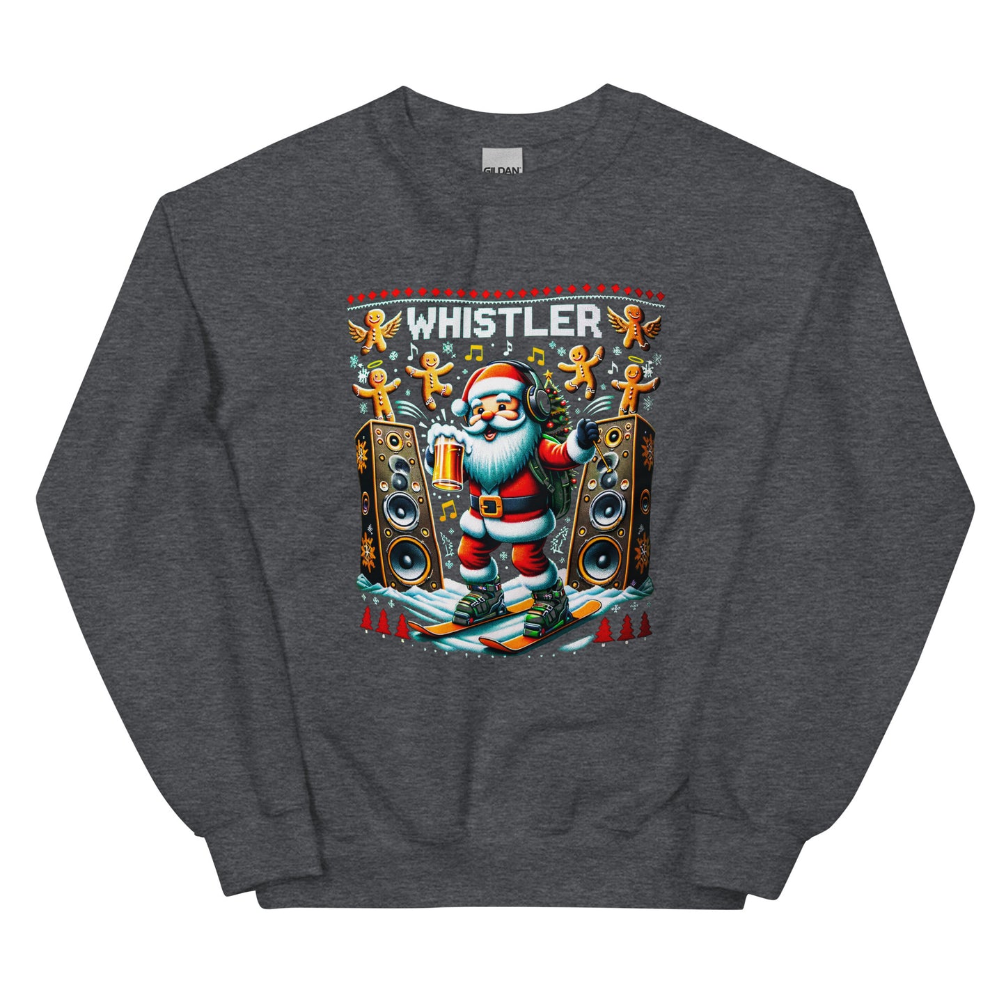 Raving Santa Skiing drinking beer with giant spekakers and ginger bread men in Whistler, ugly christmas sweater printed by Whistler Shirts
