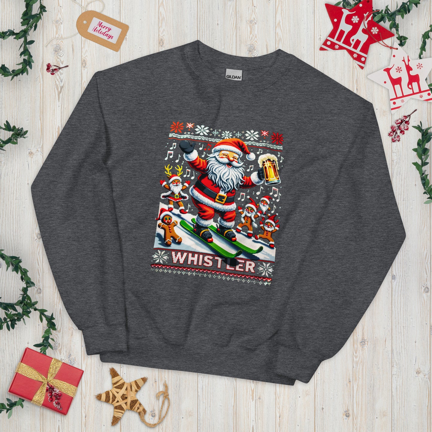 Stoked Santa skiing in Whistler Ugly Christmas Sweater