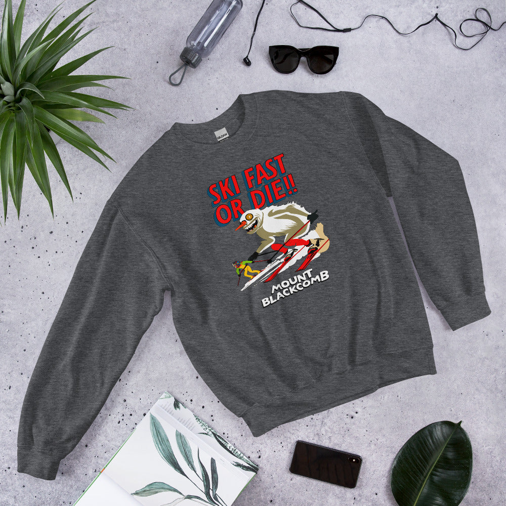 Ski fast or die yeti skiing mount blackcomb crewneck sweatshirt printed by Whistler Shirts
