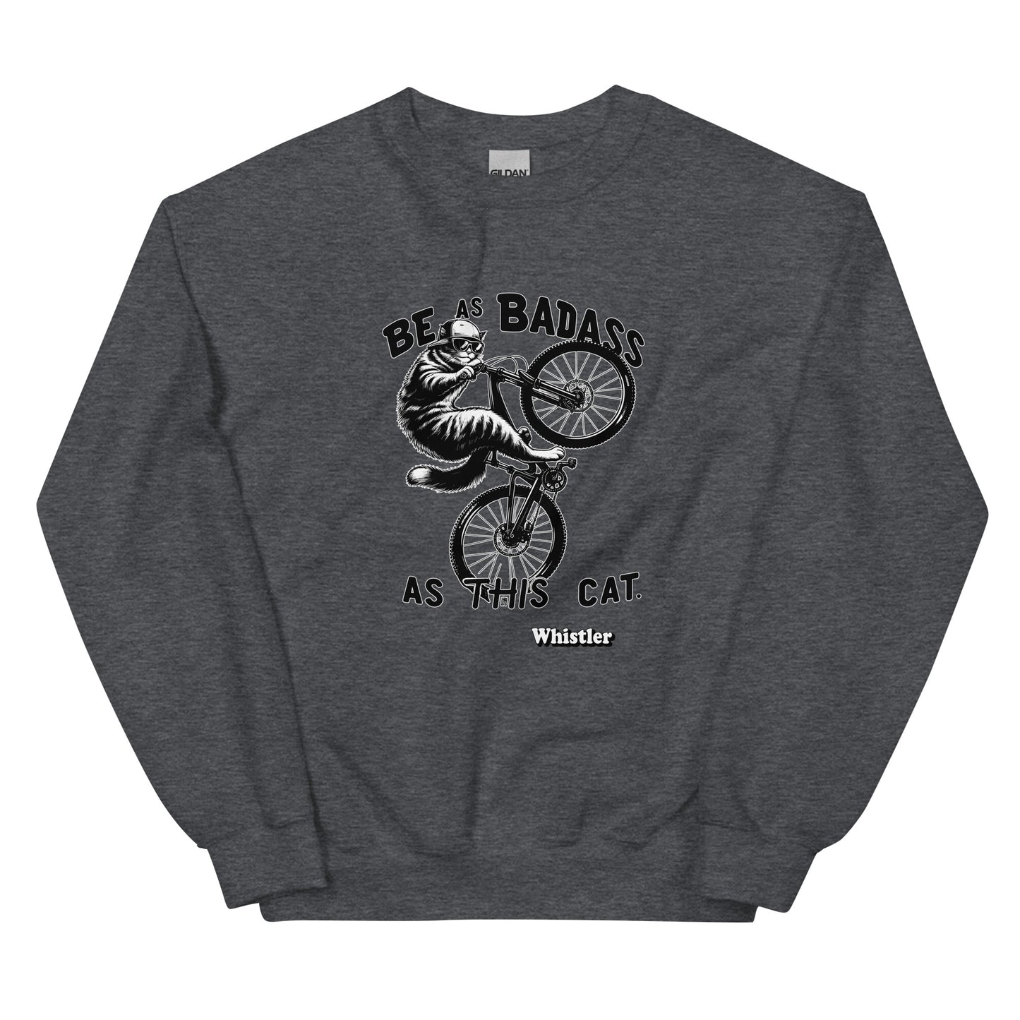 Be As badass as this cat whistler design with a cat with a backwards hat riding a bike, printed on crewnck sweatshirt by Whistler Shirts