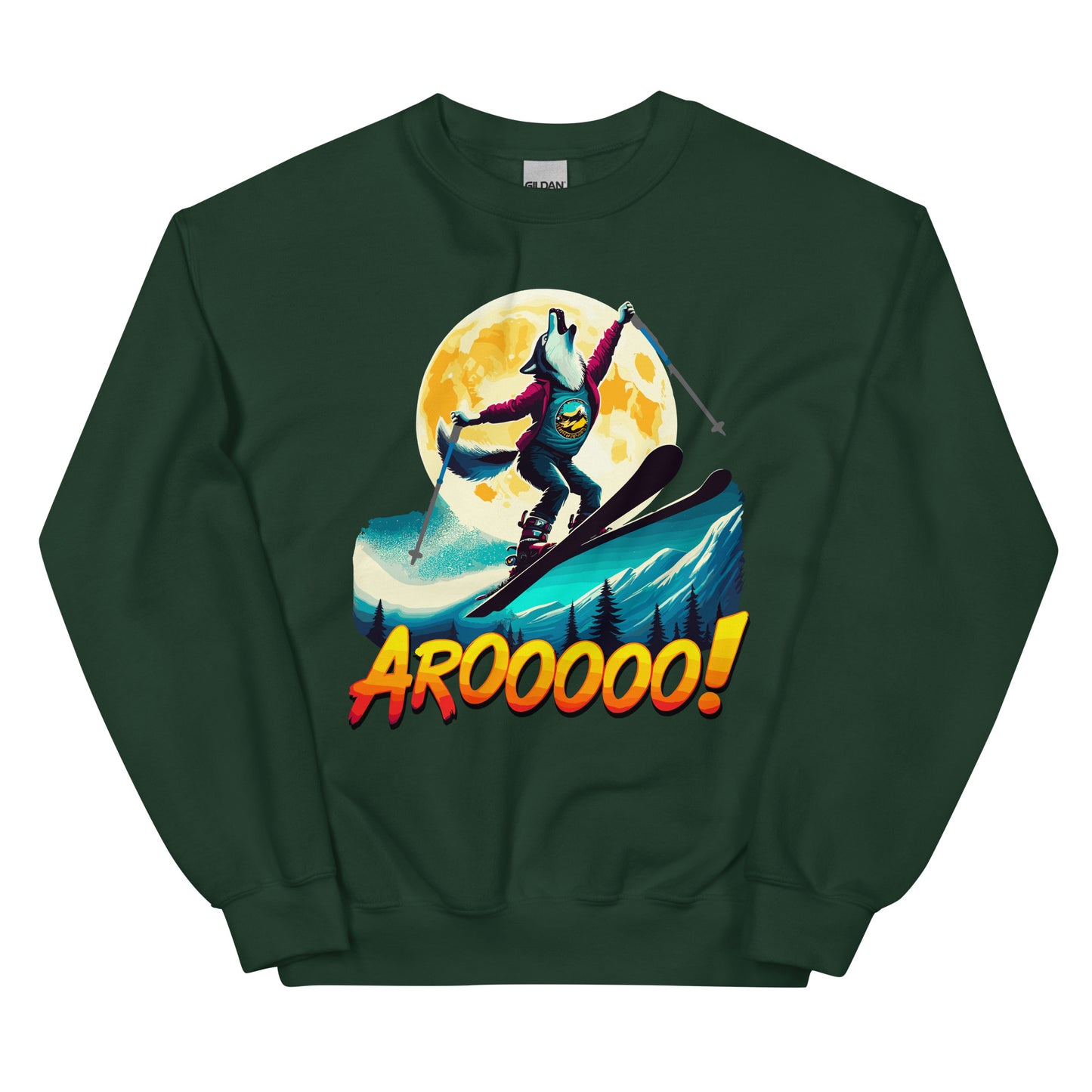 AROOO! Wolf doing a ski jump in front of a full moon printed on a crewneck sweatshirt by Whistler Shirts