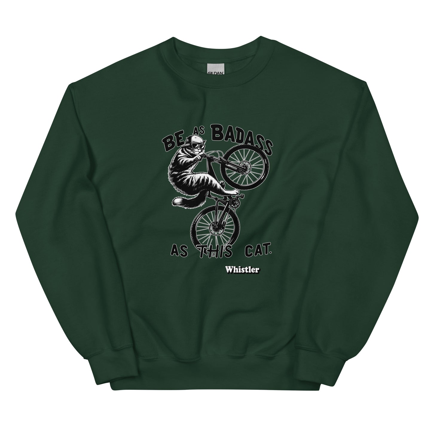 Be As badass as this cat whistler design with a cat with a backwards hat riding a bike, printed on crewnck sweatshirt by Whistler Shirts
