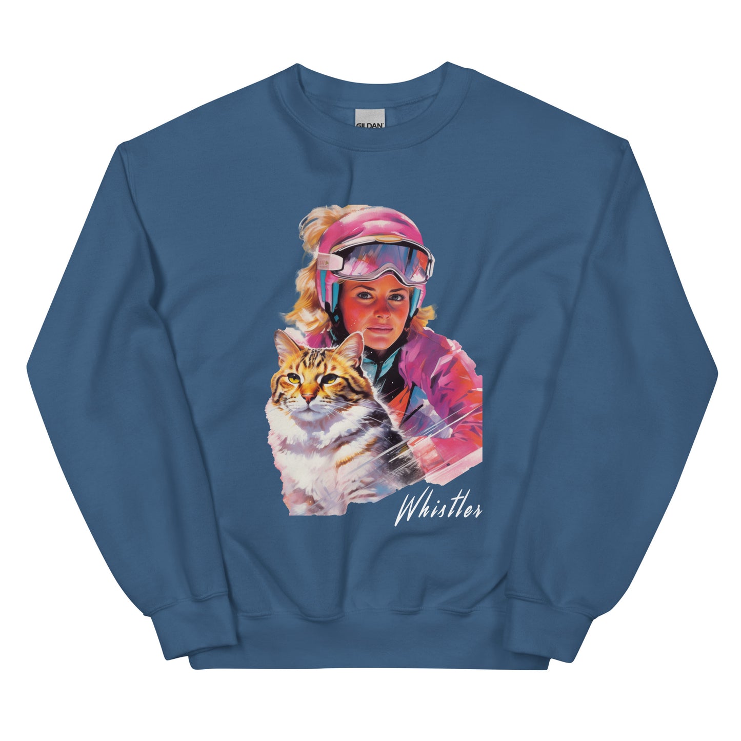 Whistler lady and her cat skiing screen printed crewneck