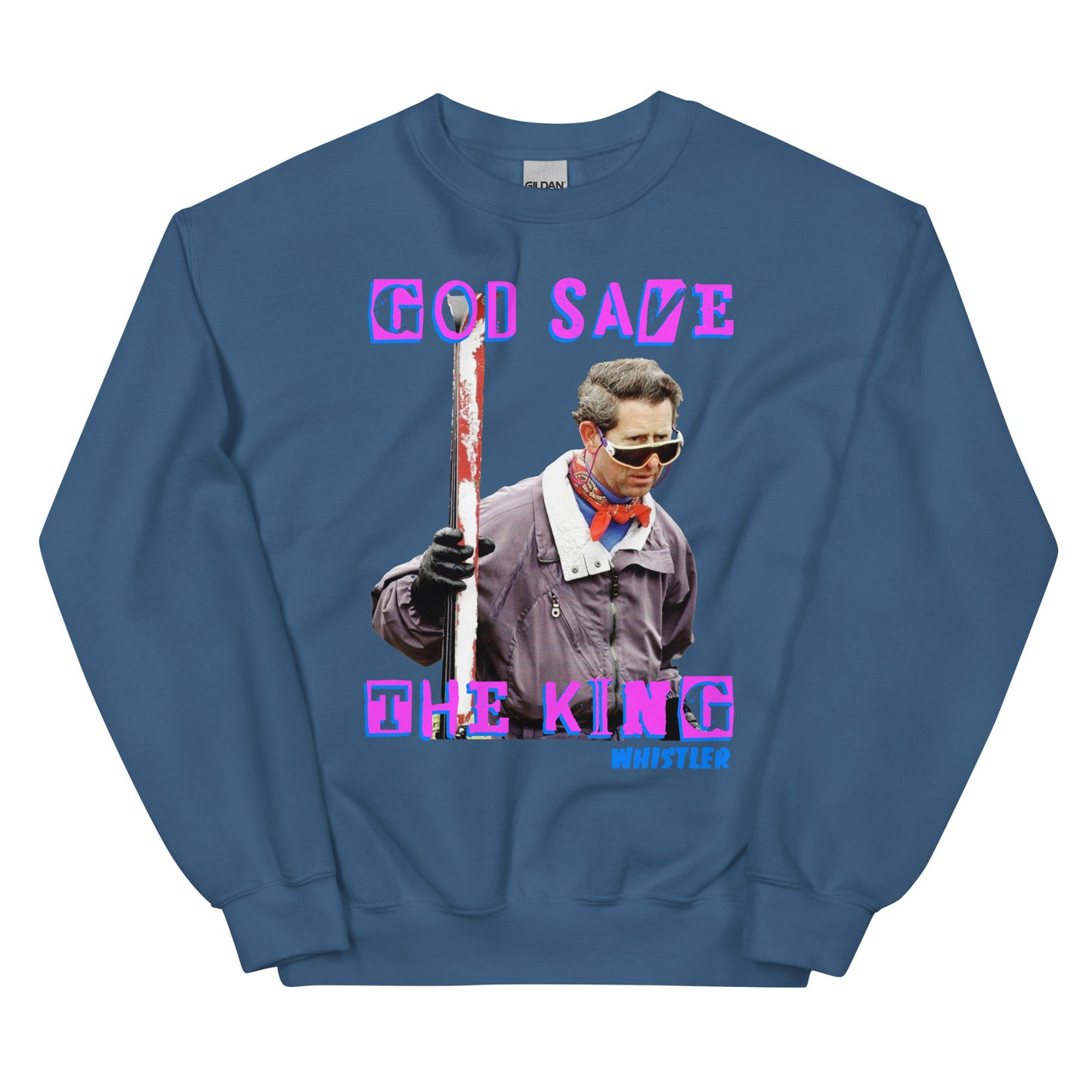 God save the king skiing whistler screen printed crewneck sweatshirt