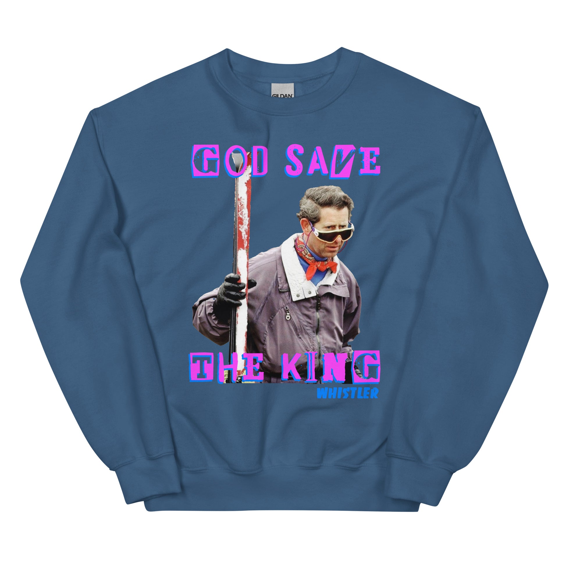 God save the king skiing whistler screen printed crewneck sweatshirt