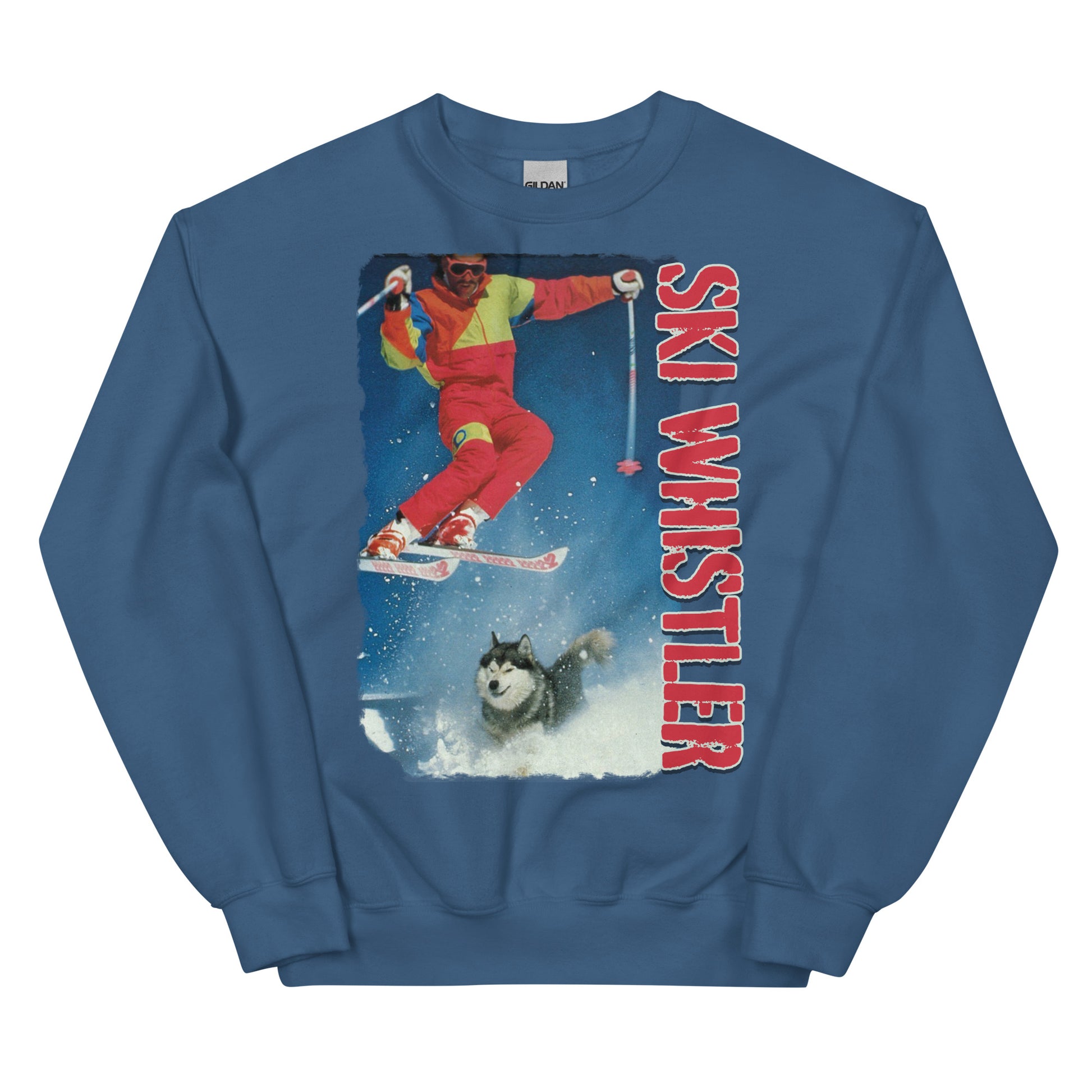 Ski Whistler skiier jumping over a dog printed crewneck