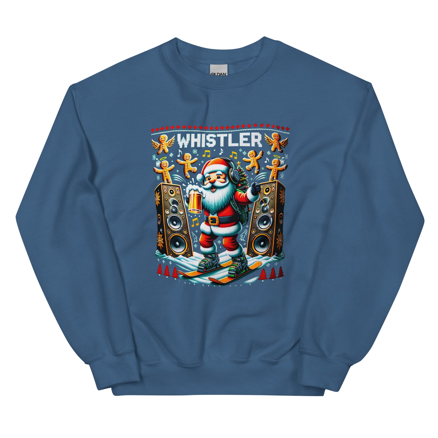Raving Santa Skiing drinking beer with giant spekakers and ginger bread men in Whistler, ugly christmas sweater printed by Whistler Shirts