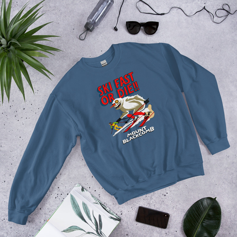 Ski fast or die yeti skiing mount blackcomb crewneck sweatshirt printed by Whistler Shirts