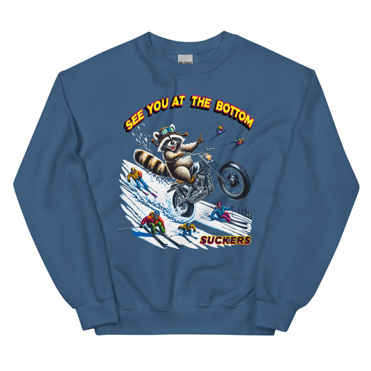 See you at the bottom suckers, racoon biking down the mountain  printed crewneck sweatshirt by Whistler Shirts