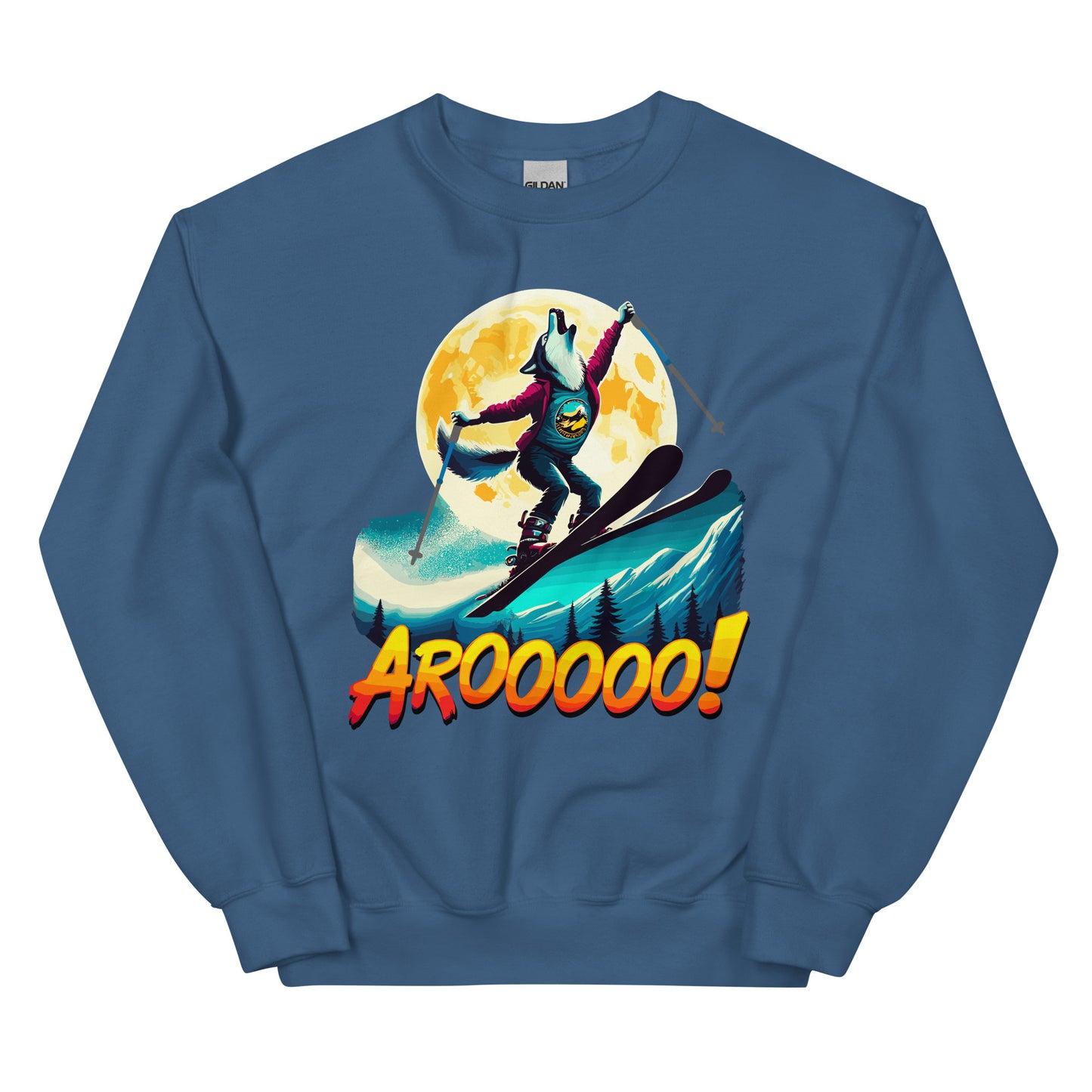 AROOO! Wolf doing a ski jump in front of a full moon printed on a crewneck sweatshirt by Whistler Shirts