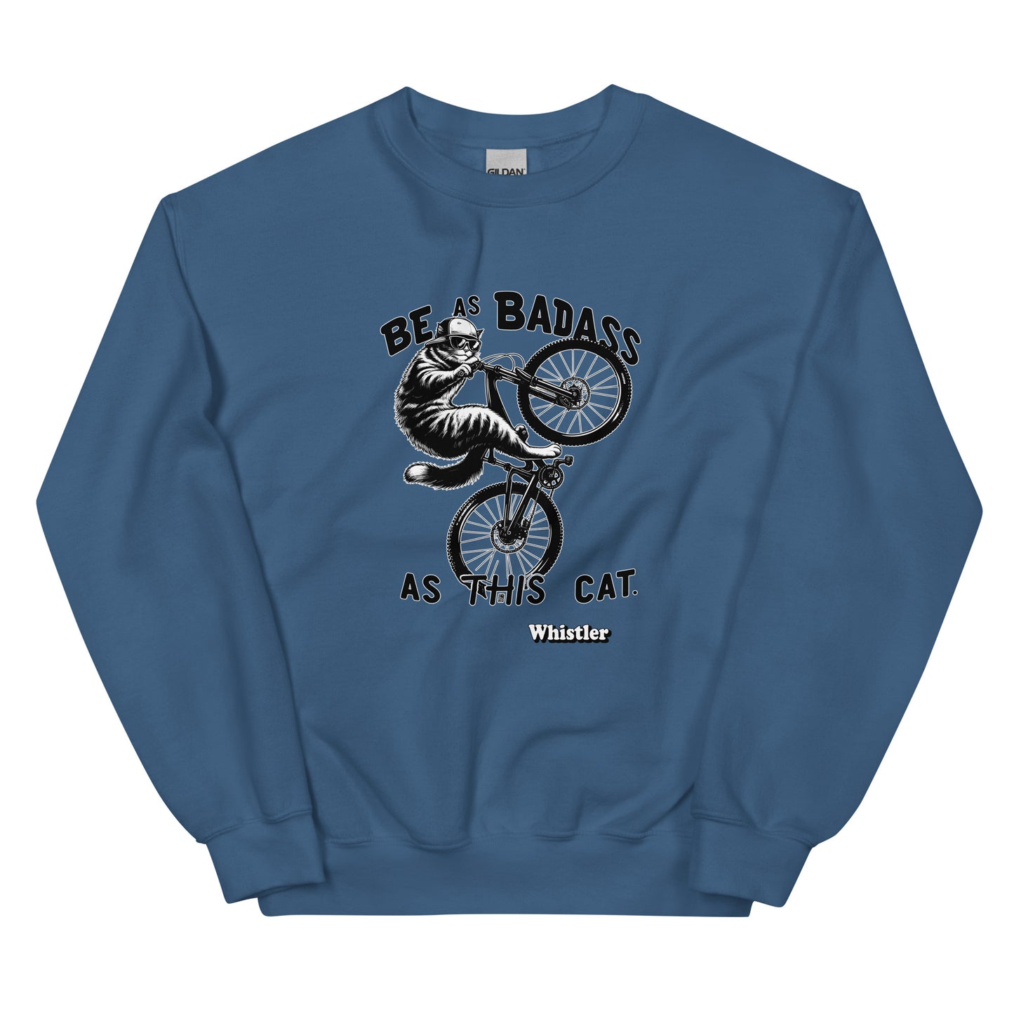 Be As badass as this cat whistler design with a cat with a backwards hat riding a bike, printed on crewnck sweatshirt by Whistler Shirts