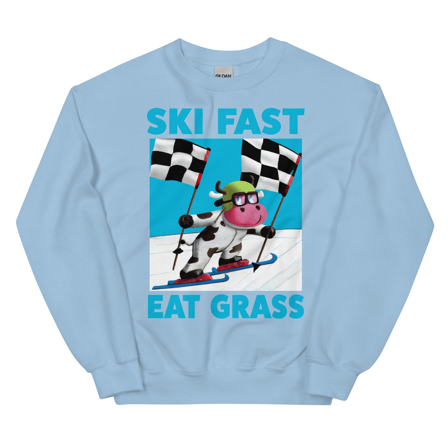 Ski fast eat grass cow skiing screen printed crewneck sweatshirt