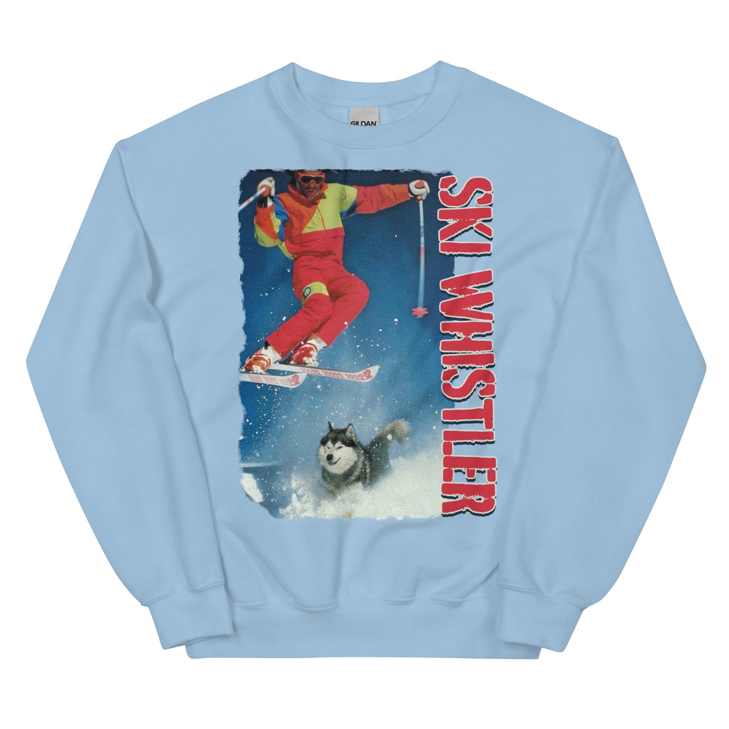Ski Whistler skiier jumping over a dog printed crewneck