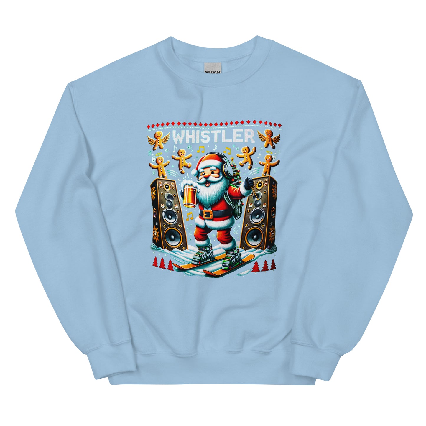 Raving Santa Skiing drinking beer with giant spekakers and ginger bread men in Whistler, ugly christmas sweater printed by Whistler Shirts
