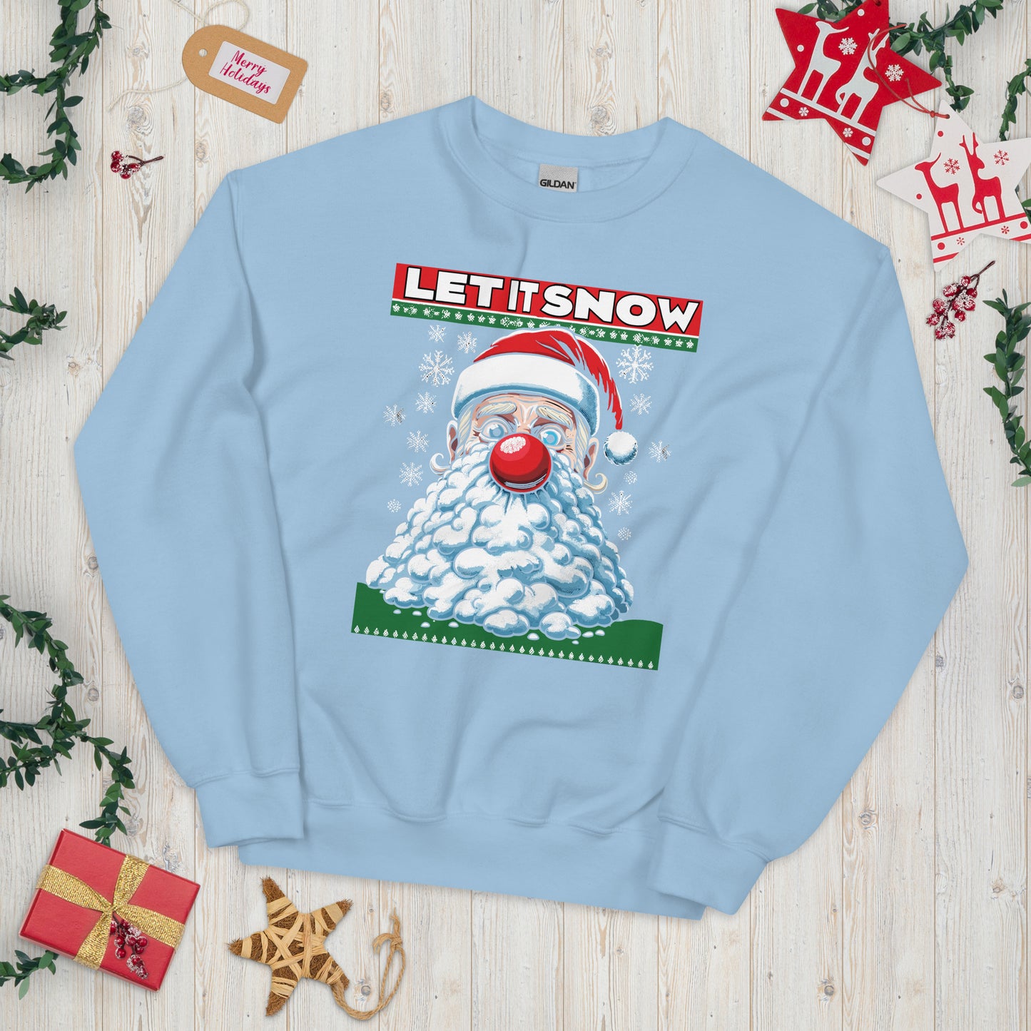 Santa with snow in his face saying let is snow printed ugly christmas sweater by Whistler Shirts