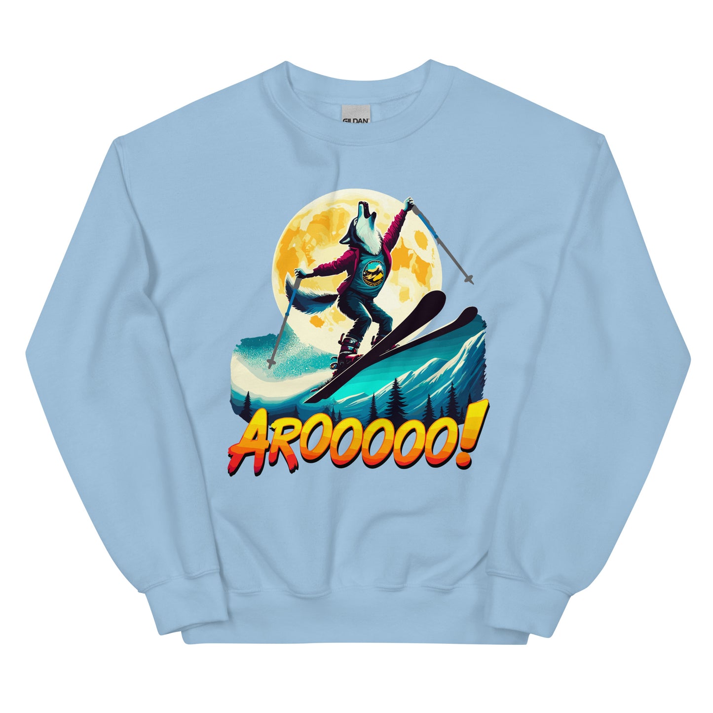 AROOO! Wolf doing a ski jump in front of a full moon printed on a crewneck sweatshirt by Whistler Shirts