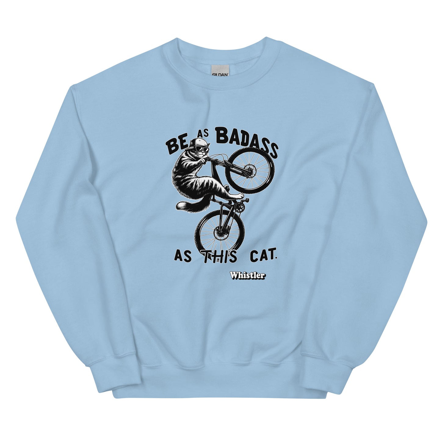 Be As badass as this cat whistler design with a cat with a backwards hat riding a bike, printed on crewnck sweatshirt by Whistler Shirts