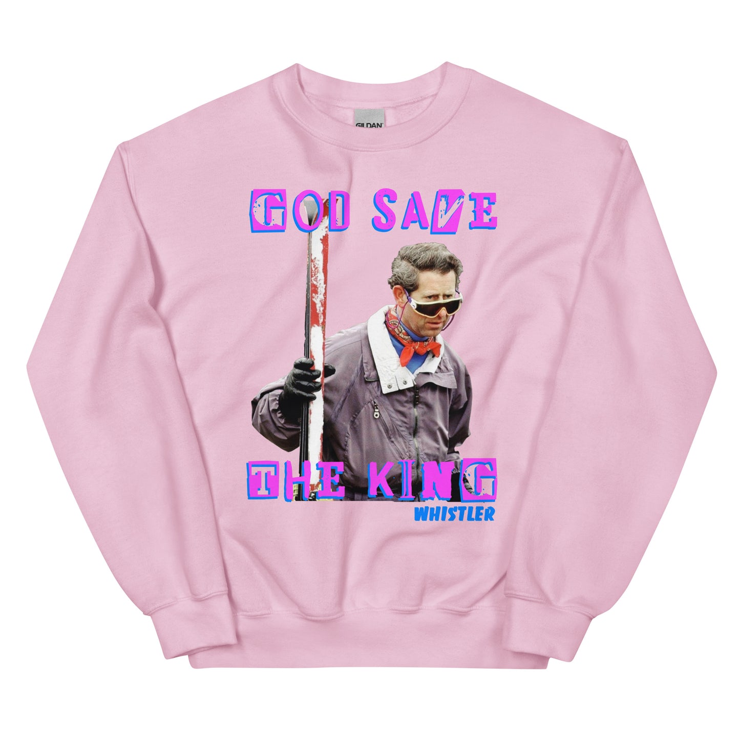 God save the king skiing whistler screen printed crewneck sweatshirt