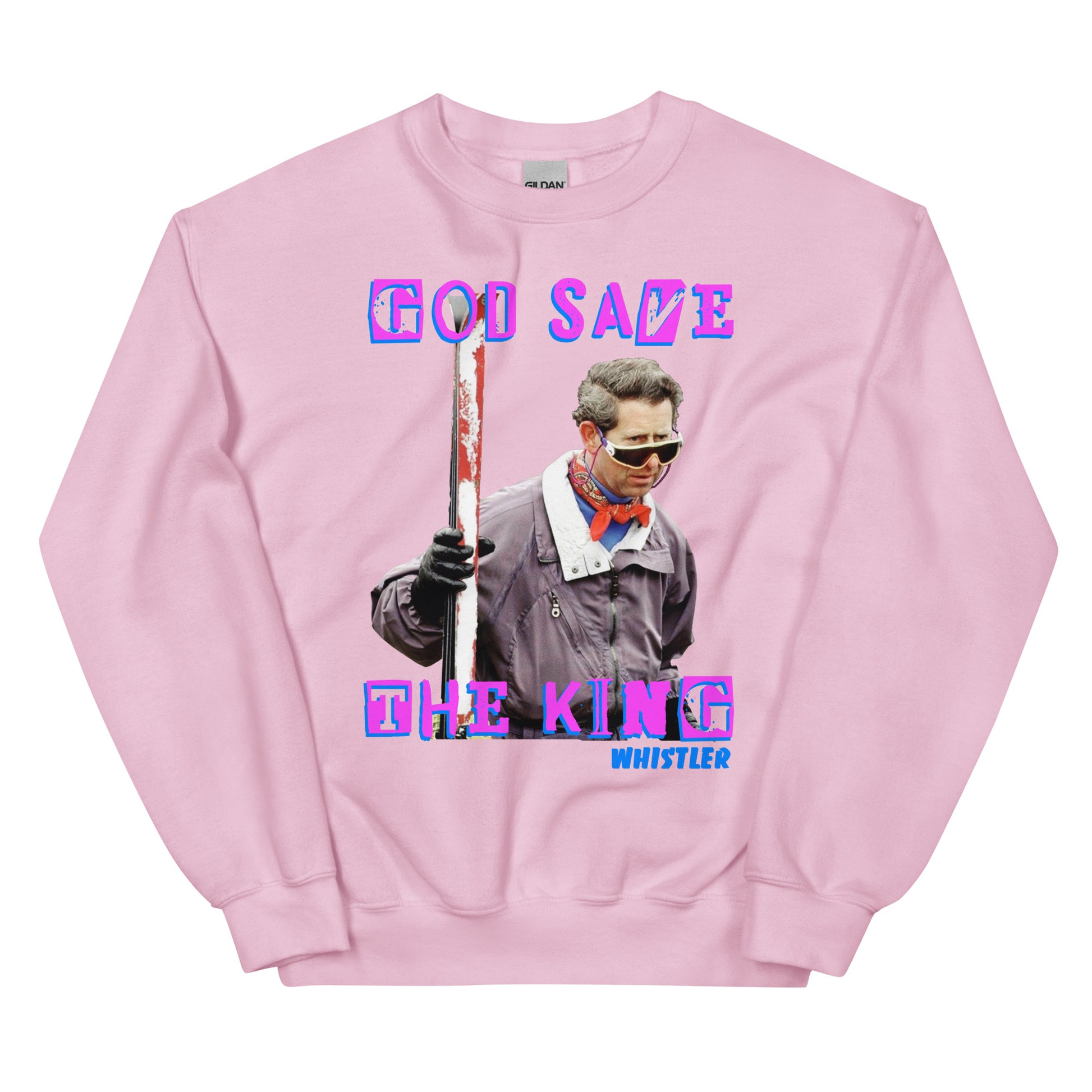God save the king skiing whistler screen printed crewneck sweatshirt