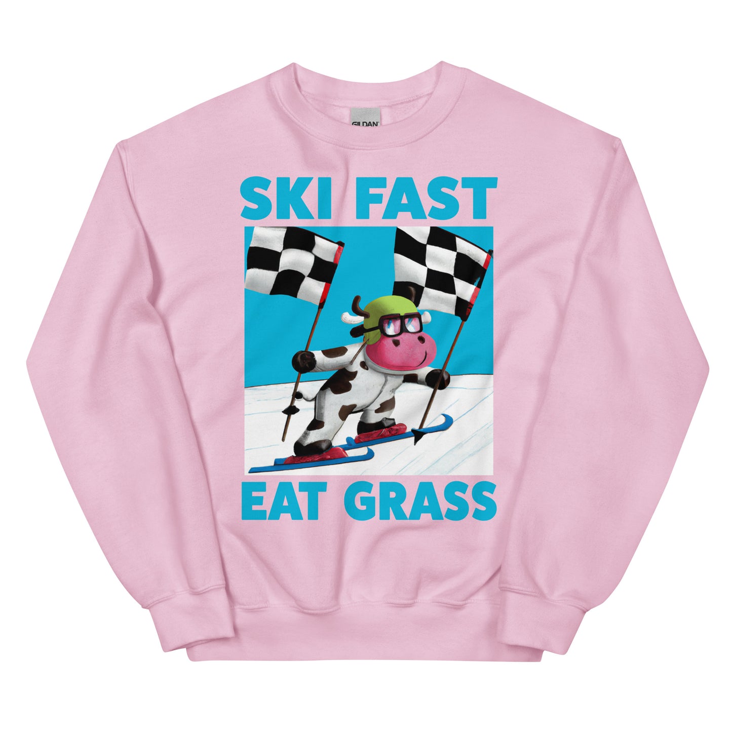 Ski fast eat grass cow skiing screen printed crewneck sweatshirt