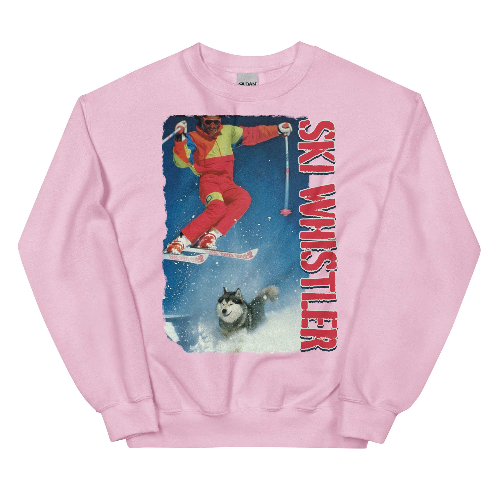 Ski Whistler skiier jumping over a dog printed crewneck