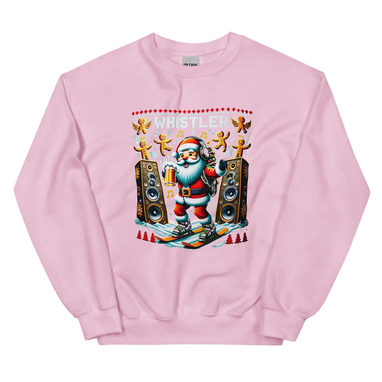 Raving Santa Skiing drinking beer with giant spekakers and ginger bread men in Whistler, ugly christmas sweater printed by Whistler Shirts