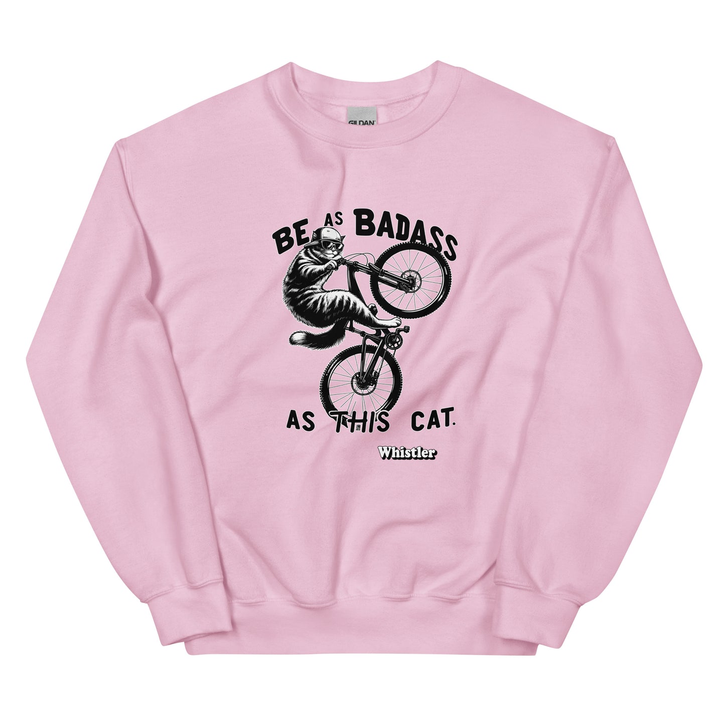 Be As badass as this cat whistler design with a cat with a backwards hat riding a bike, printed on crewnck sweatshirt by Whistler Shirts