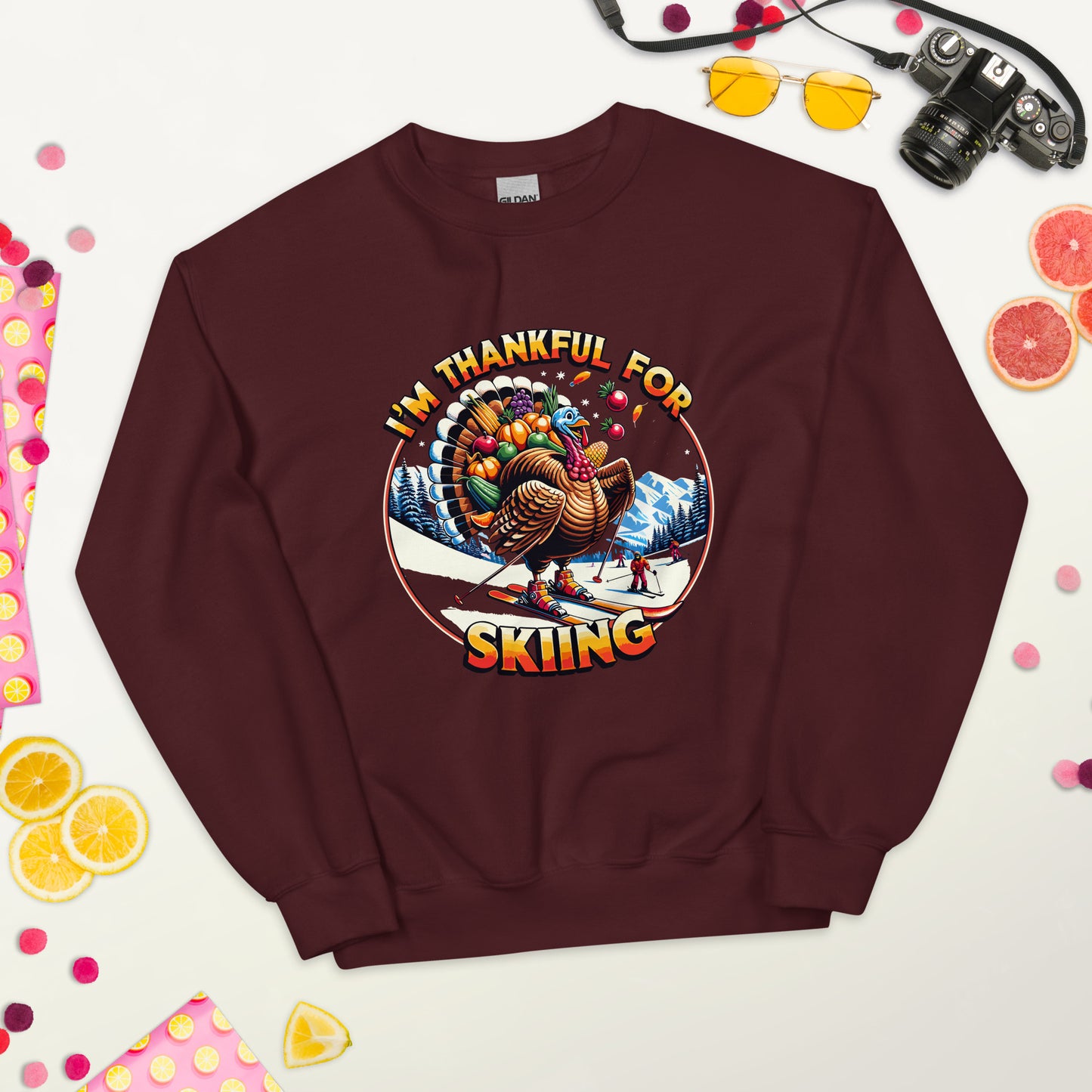 Thanksgiving turkey skiing saying i'm thankful for skiing printed crewneck by Whistler Shirts