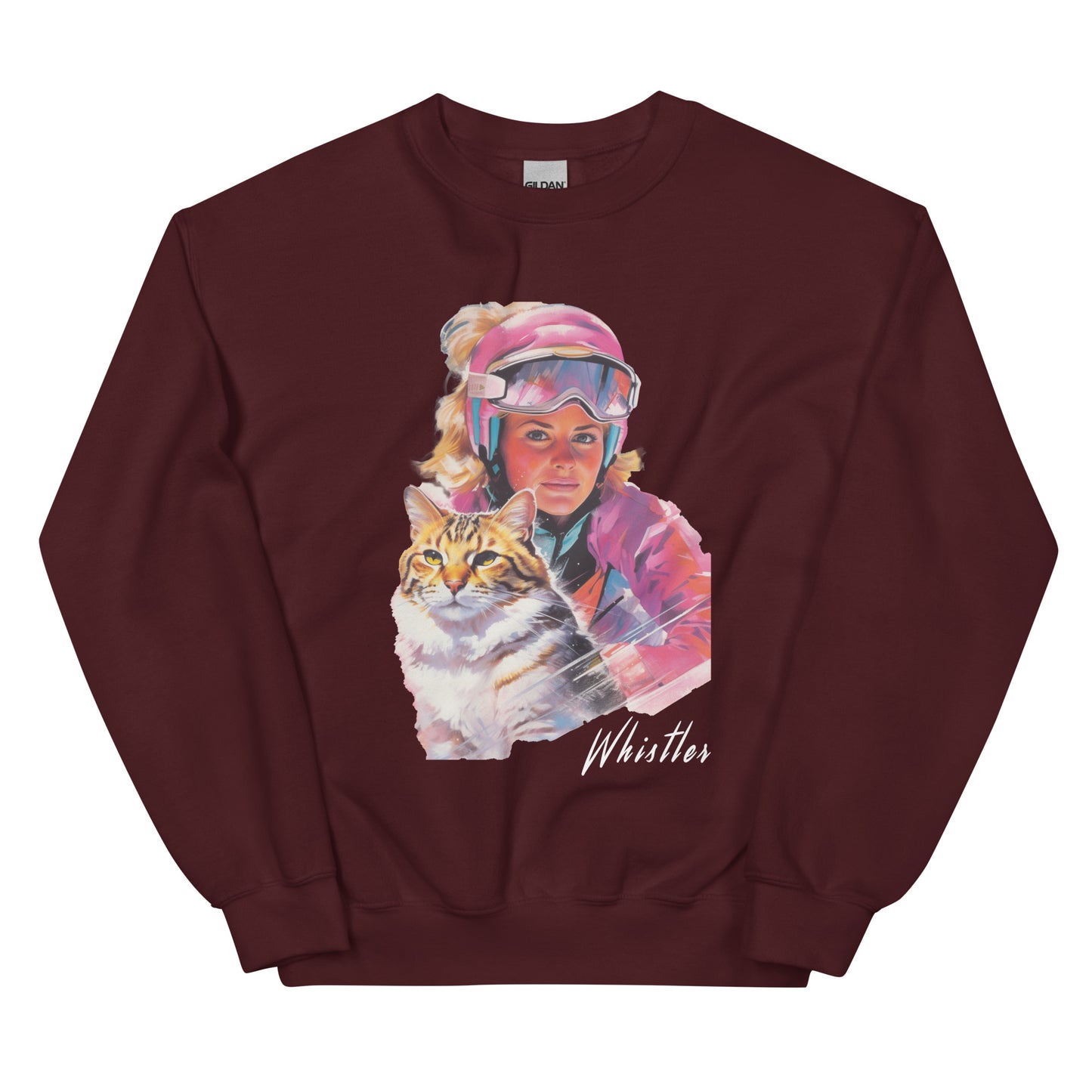 Whistler lady and her cat skiing screen printed crewneck