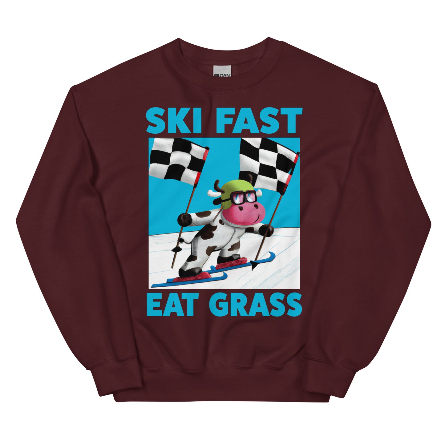 Ski fast eat grass cow skiing screen printed crewneck sweatshirt