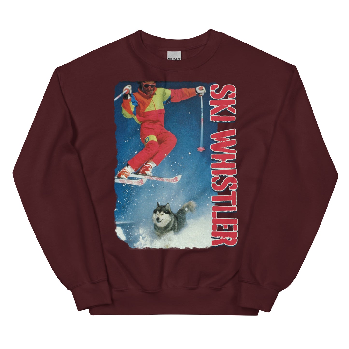 Ski Whistler skiier jumping over a dog printed crewneck