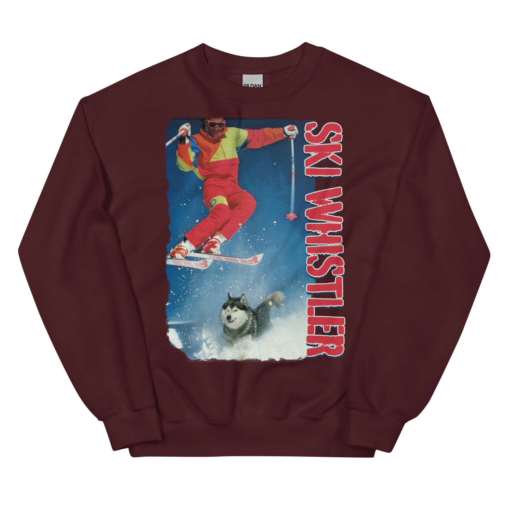 Ski Whistler skiier jumping over a dog printed crewneck