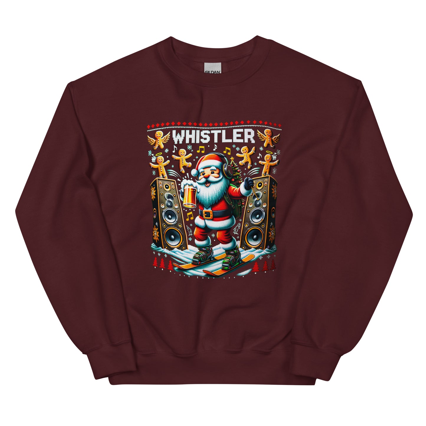 Raving Santa Skiing drinking beer with giant spekakers and ginger bread men in Whistler, ugly christmas sweater printed by Whistler Shirts