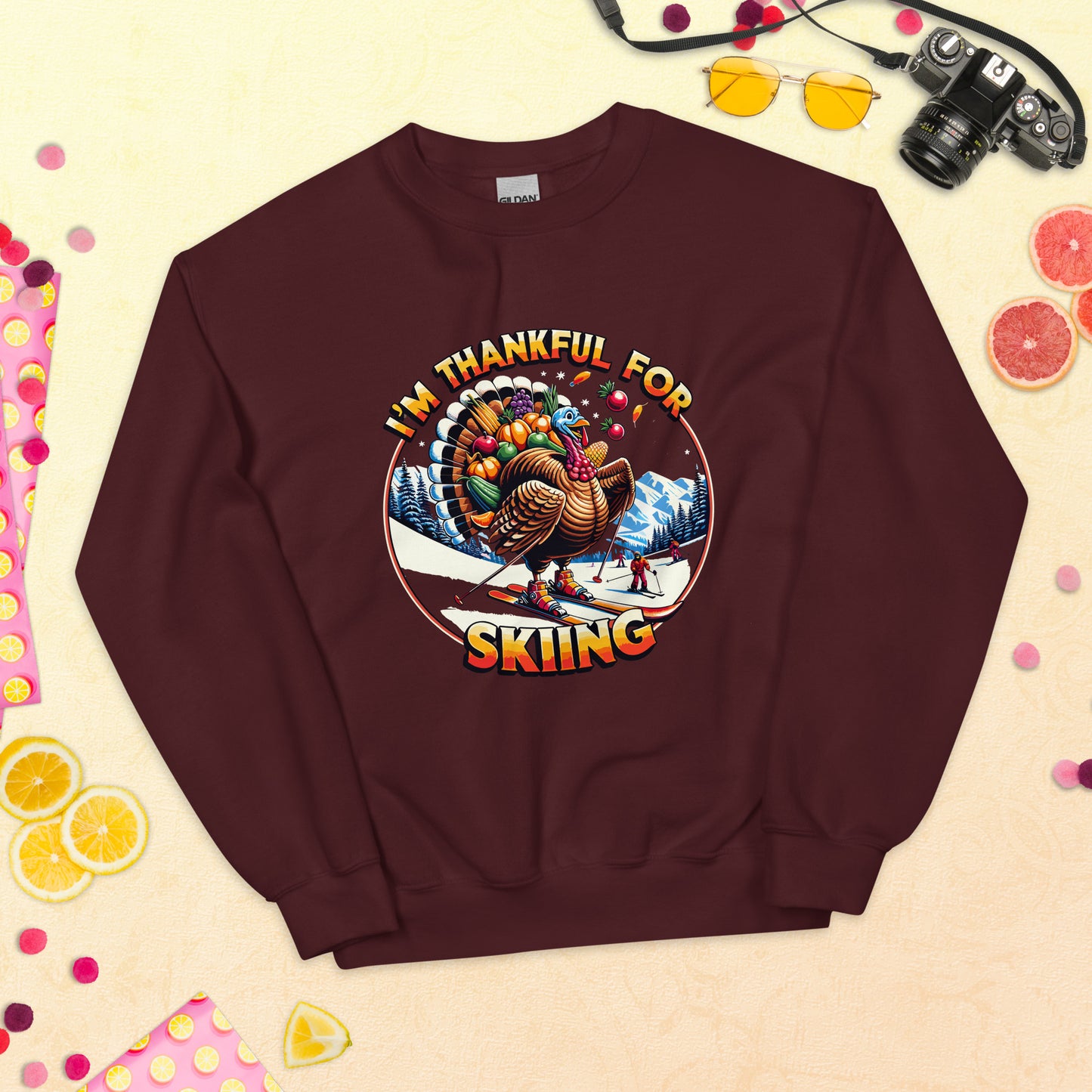 Thanksgiving turkey skiing saying i'm thankful for skiing printed crewneck by Whistler Shirts