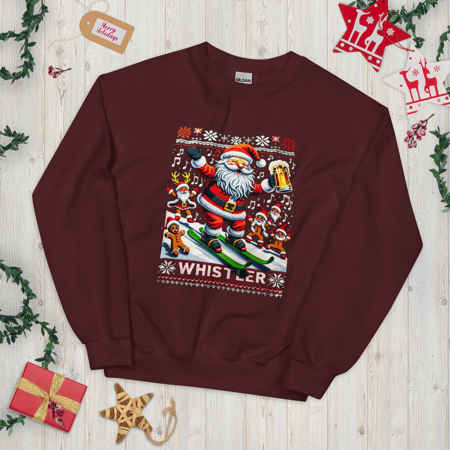 Stoked Santa skiing in Whistler Ugly Christmas Sweater