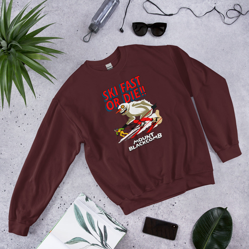 Ski fast or die yeti skiing mount blackcomb crewneck sweatshirt printed by Whistler Shirts